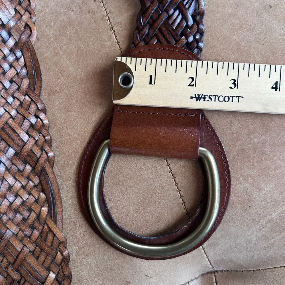 Wide Woven Leather Belt Brown Oversized Ring Buckle Boho Western Cowgirl Women M
